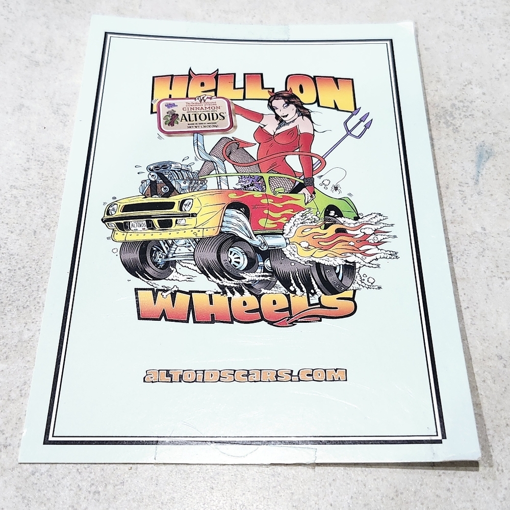 2002 Original Print Ad Altoids Cinnamon "HELL ON WHEELS" Pin-up Hot Rod Postcard